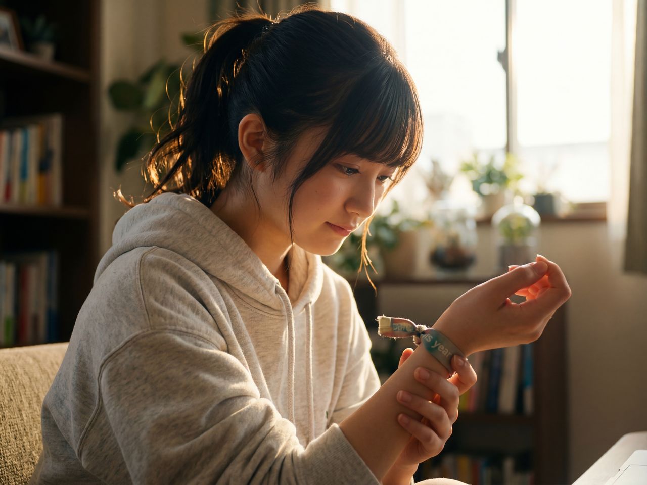 リストバンドを見つめるカジュアルな装いの瀬戸朝陽