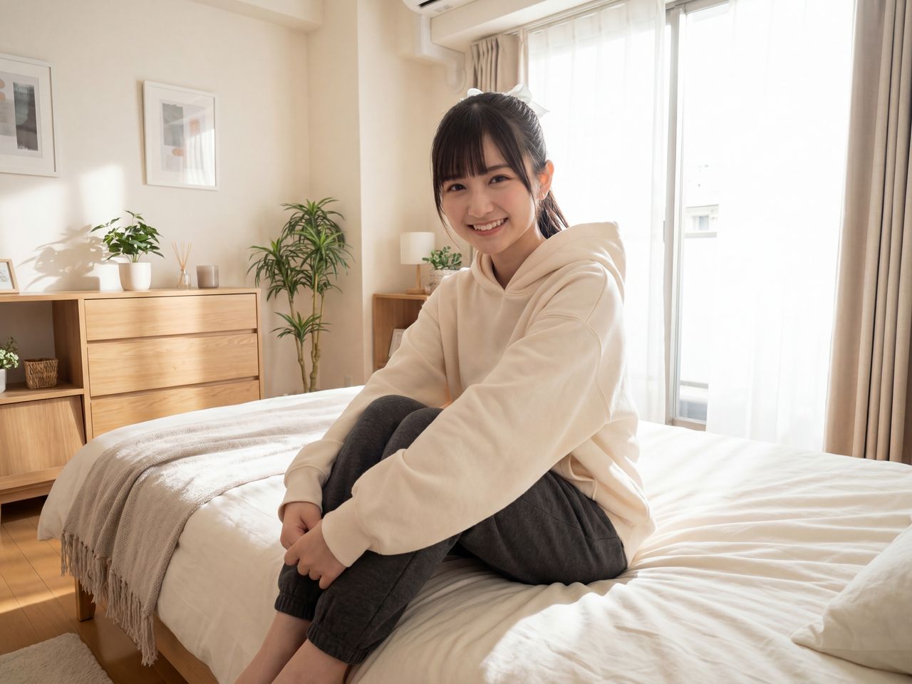 模様替え後の明るい部屋で、カジュアルな部屋着でくつろぐ瀬戸朝陽