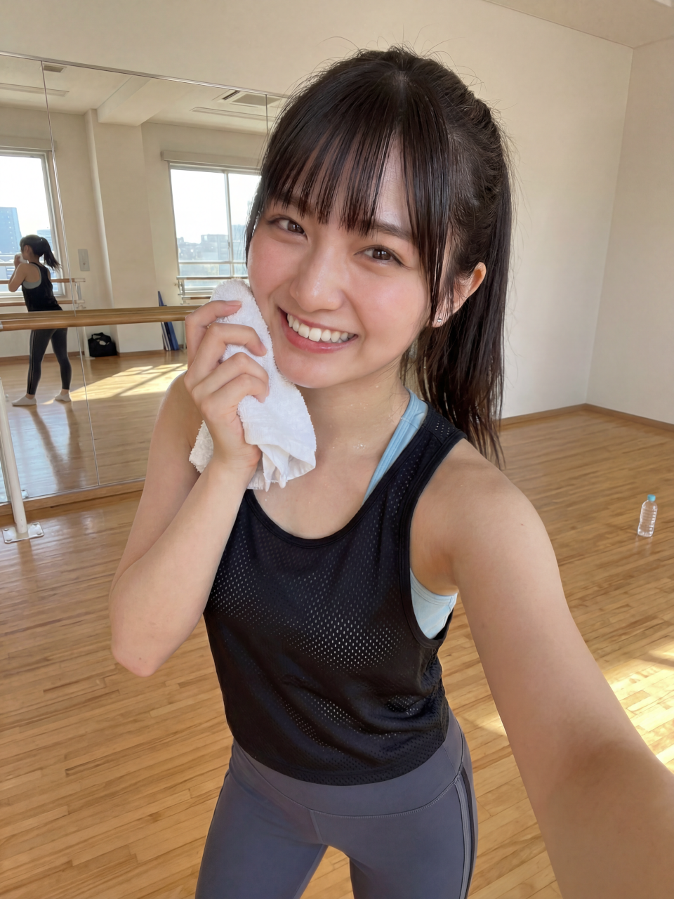 ダンススタジオで汗をふきながらとびきりの笑顔を見せる朝陽