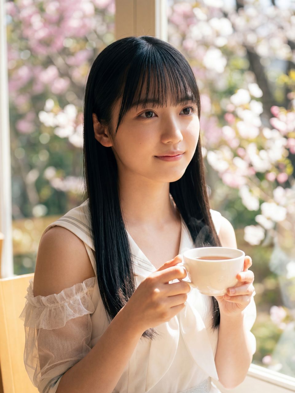 日光の差し込むカフェで落ち着いた表情の如月玲奈