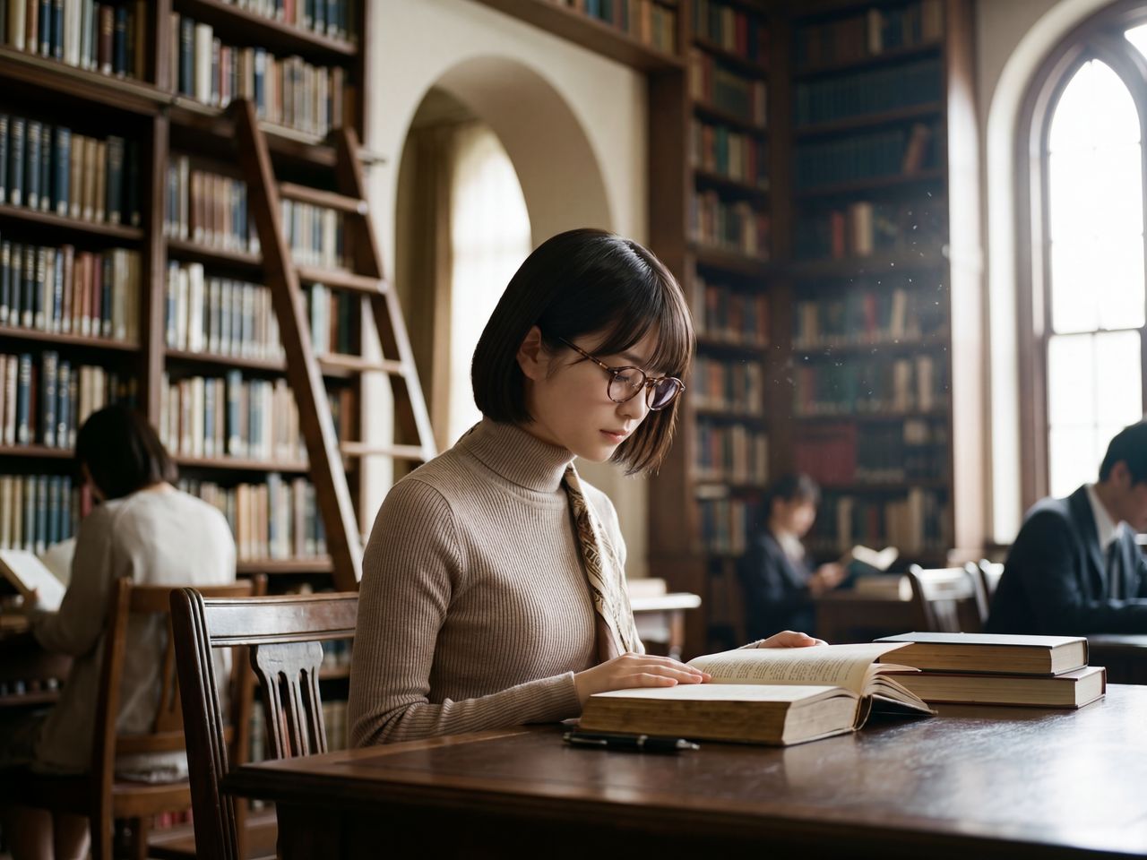 図書館の静かな一角で本を読む星野美月