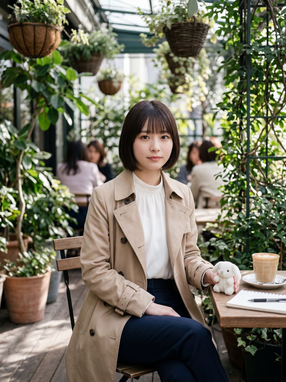 カフェのテラスで小さな白いウサギのぬいぐるみを見つめる星野美月