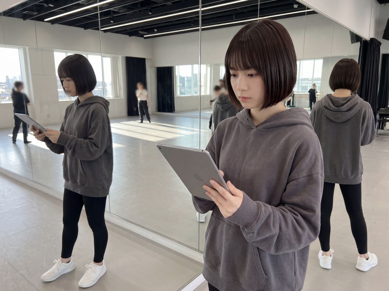 スタジオの鏡の前で真剣な表情でタブレットを確認する星野美月
