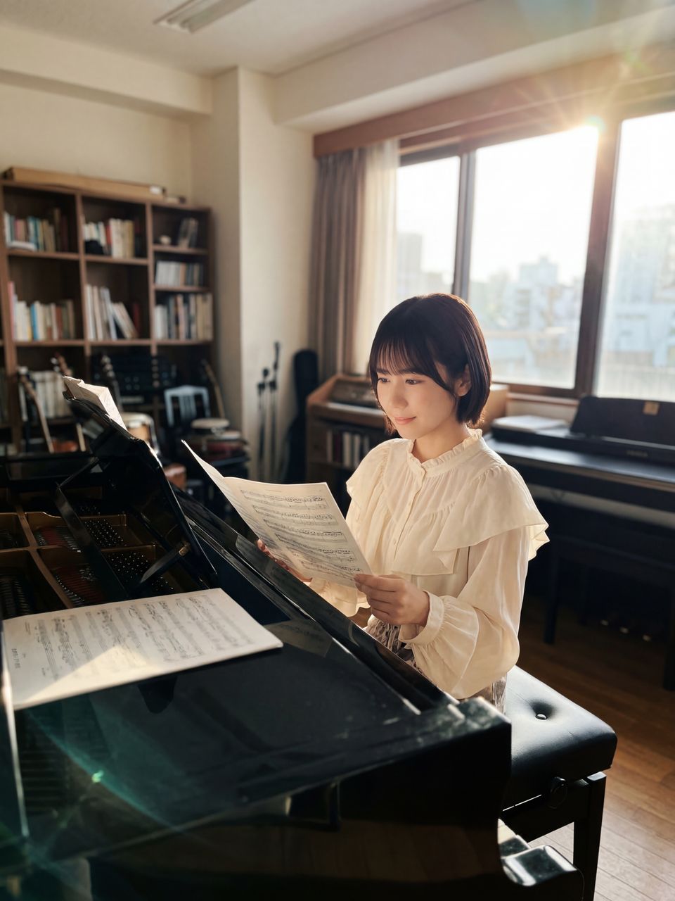 ピアノの前で譜面を確認する天音かなで