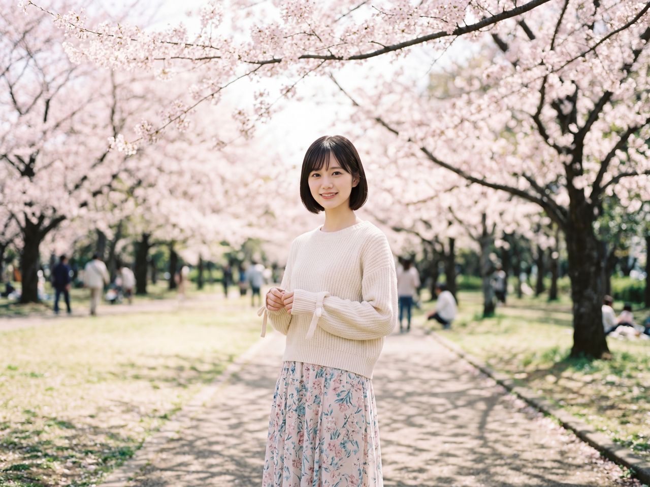 桜の下で微笑む白石紬