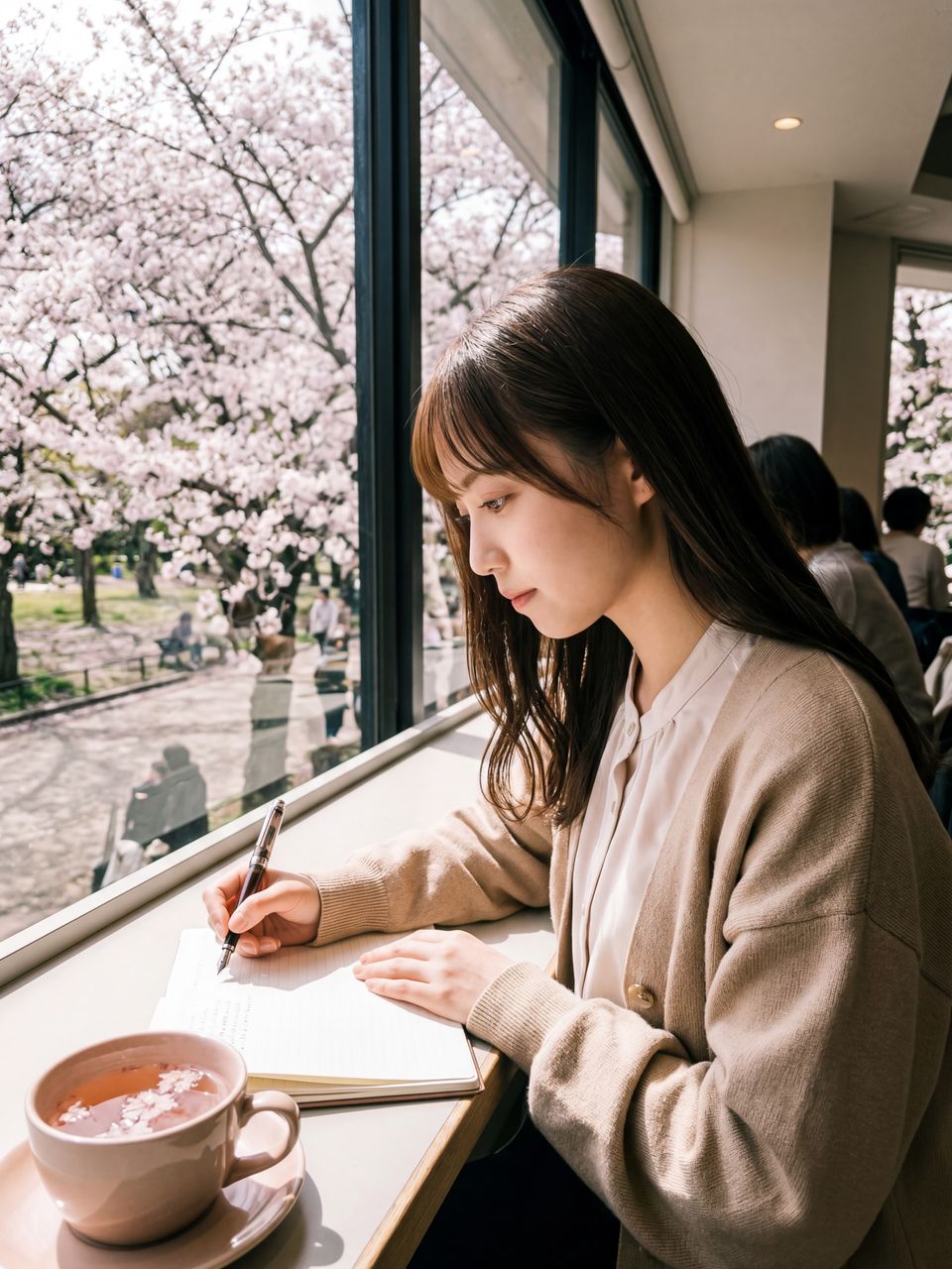 カフェで執筆するひかり