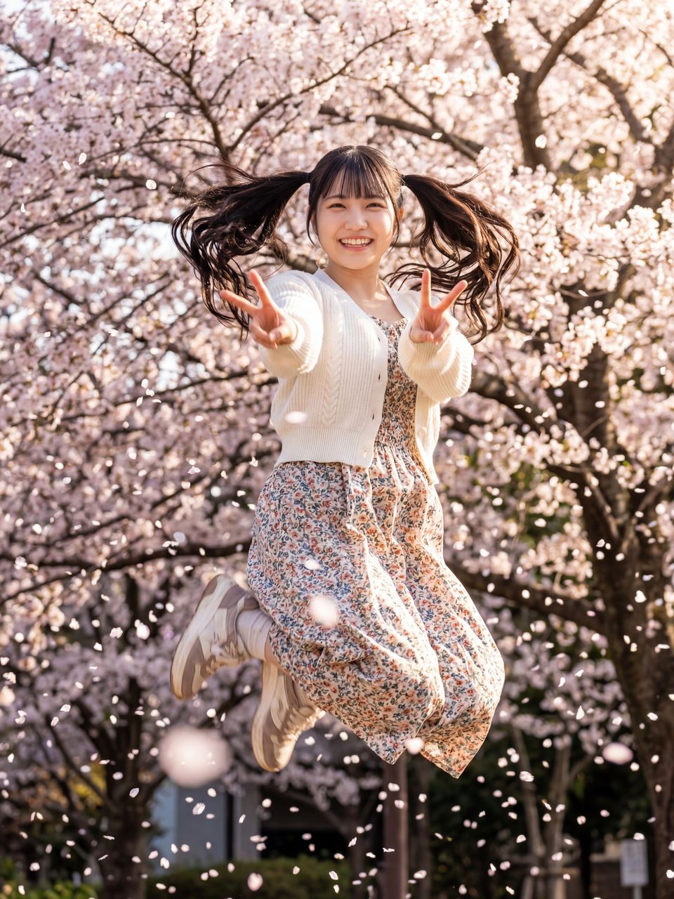 桜の下でダブルピースをする葉月柚子