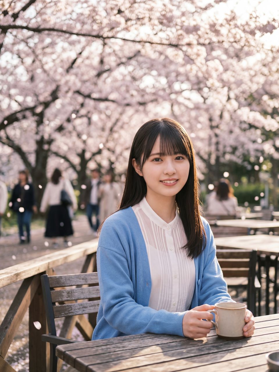 桜並木のテラスで微笑む蒼井瑠璃