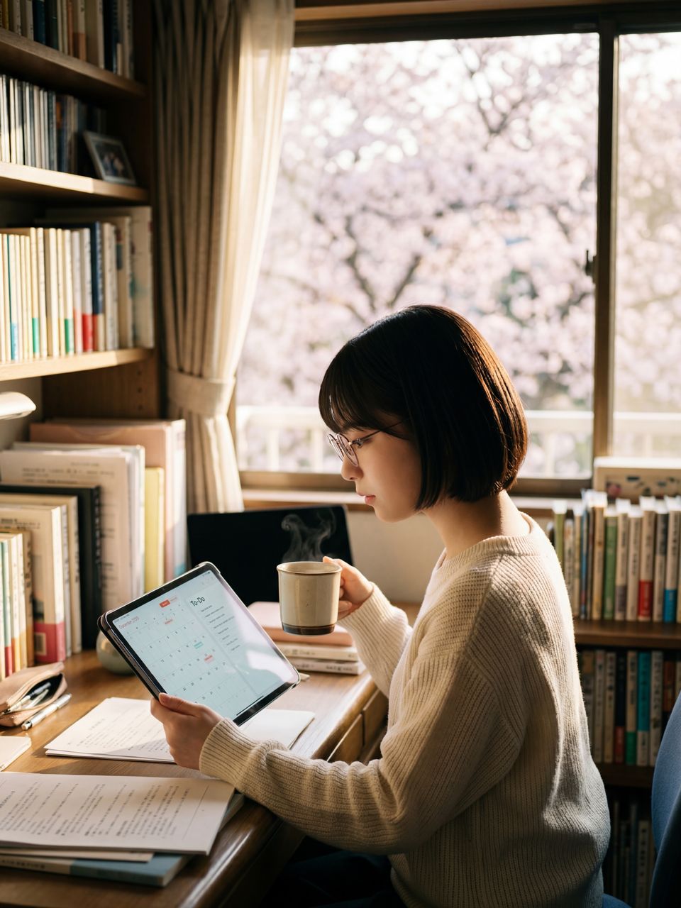 書斎でスケジュールを確認する星野美月