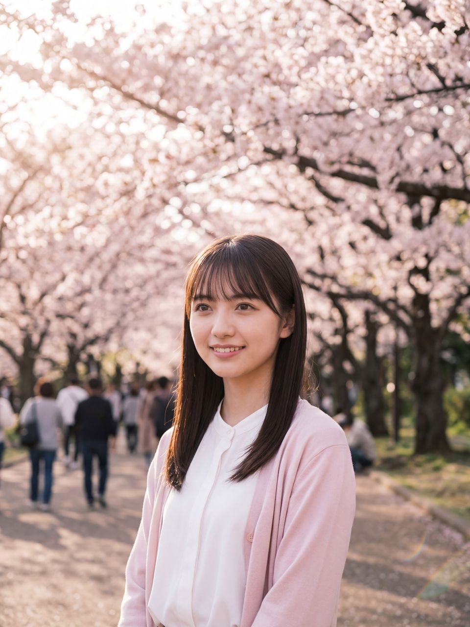 桜並木の下で優雅に佇む如月玲奈