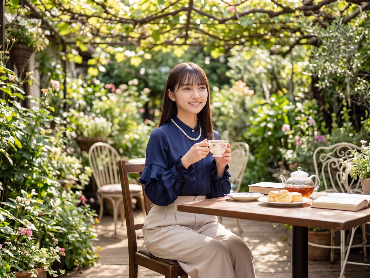 テラス席でリラックスした表情を見せる如月玲奈