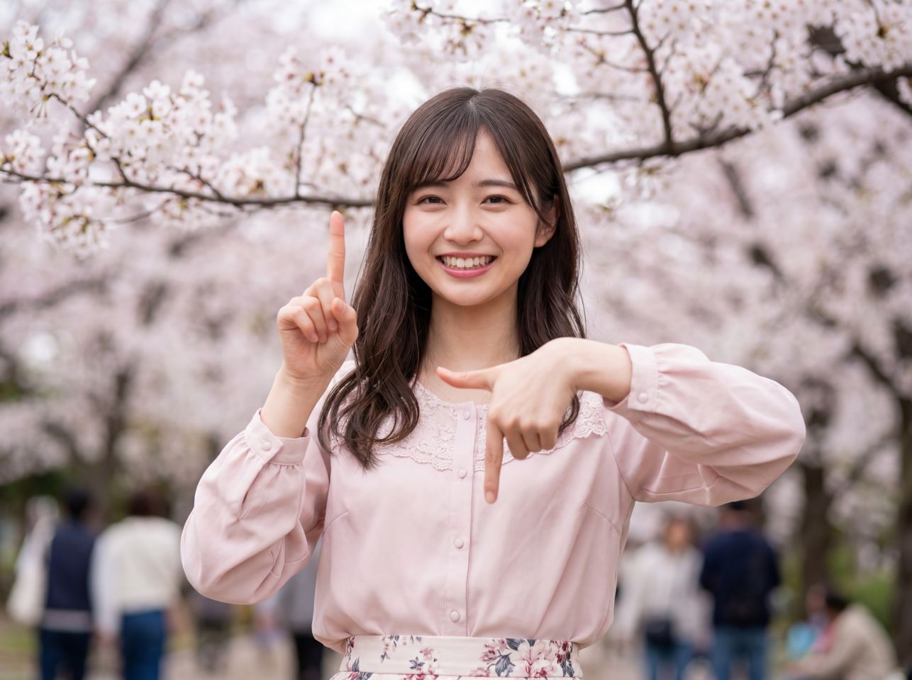 サクラ並木で17歳のポーズをするさくら