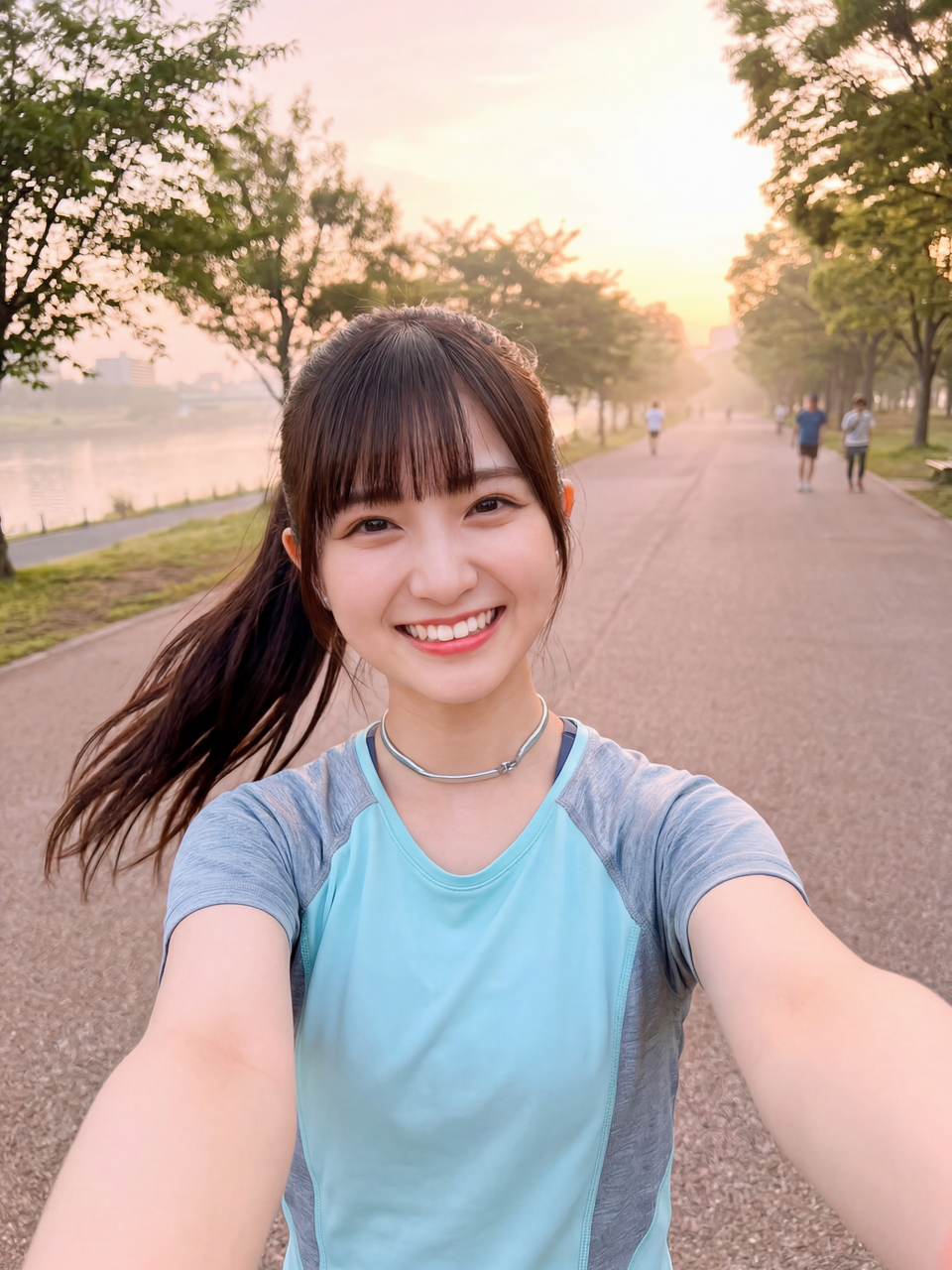 朝焼けの公園で元気にランニング中の朝陽