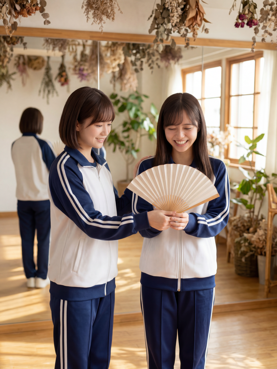 さくらに扇子の持ち方を教える紬