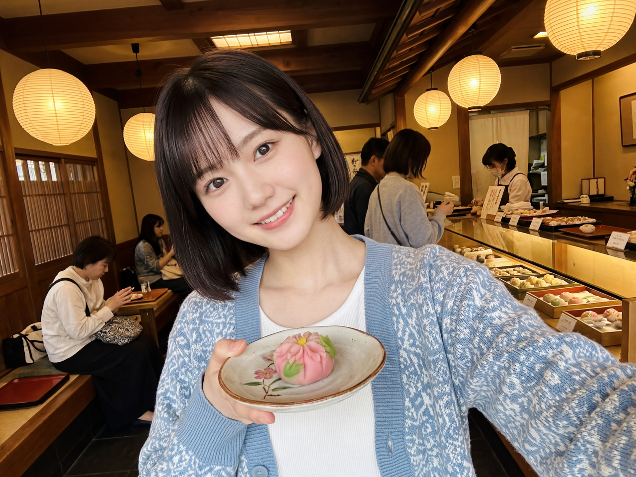 和菓子を楽しむ紬の自撮り