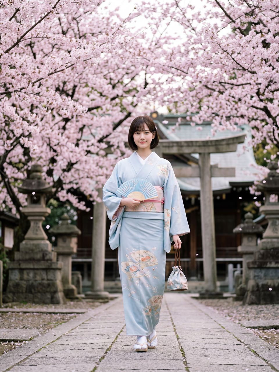 桜の下で和服姿で佇む紬