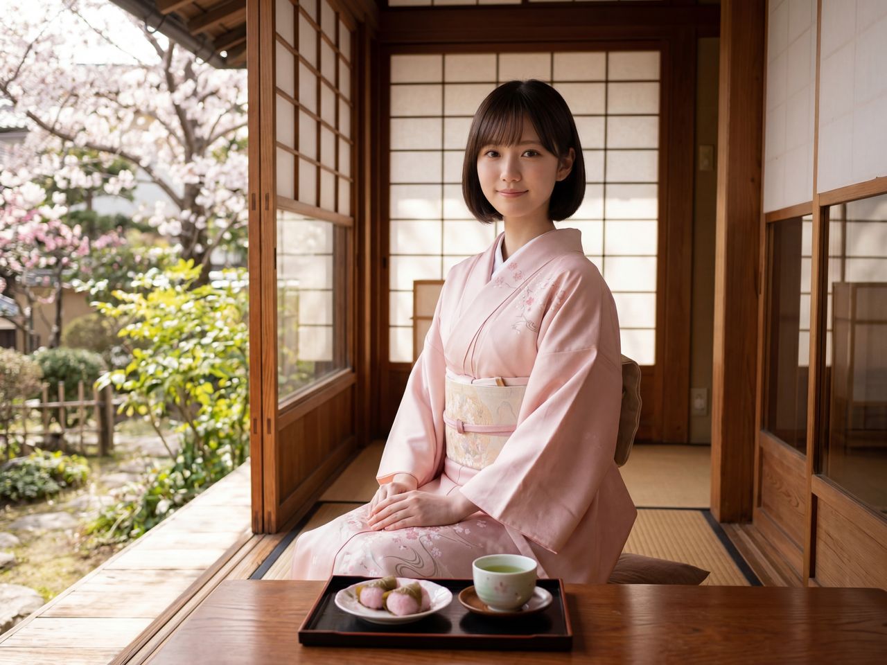 桜餅とお茶を前にリラックスする紬