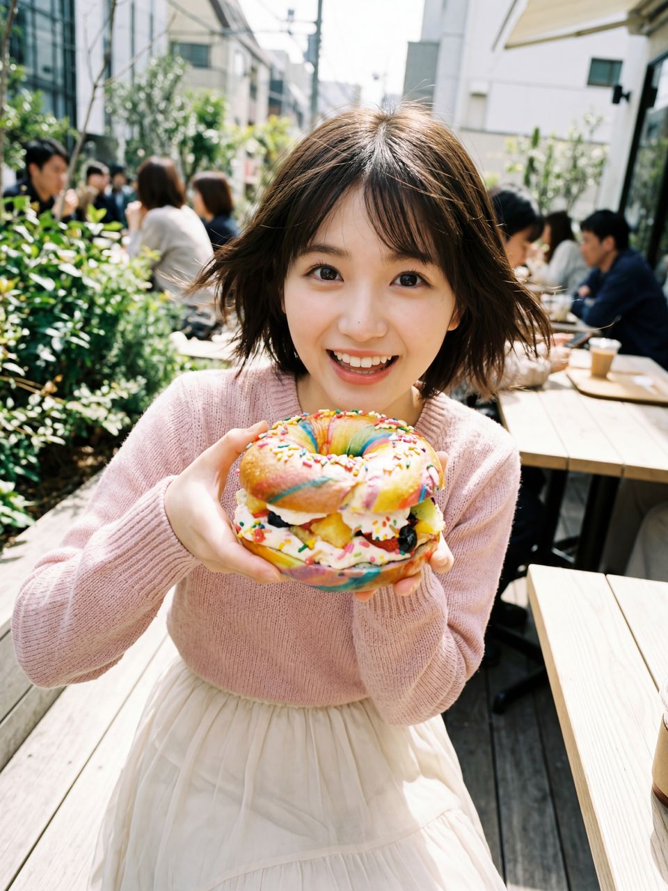 韓国ベーグルを手にする神楽坂舞