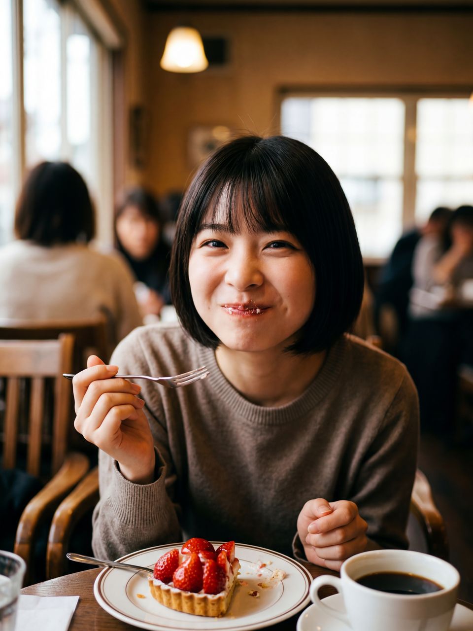 スイーツを食べて微笑む美月