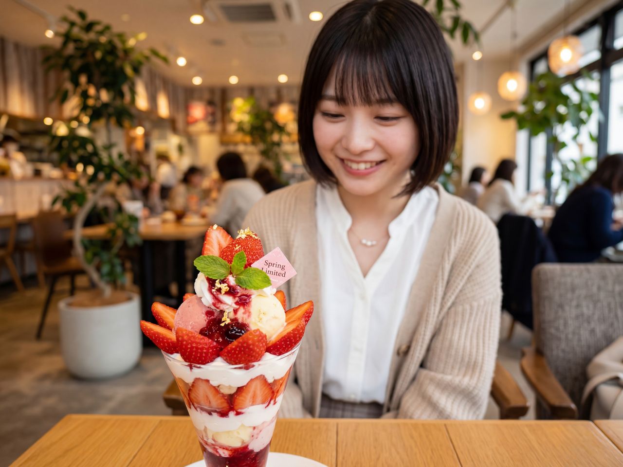 春限定のイチゴパフェを眺める星野美月