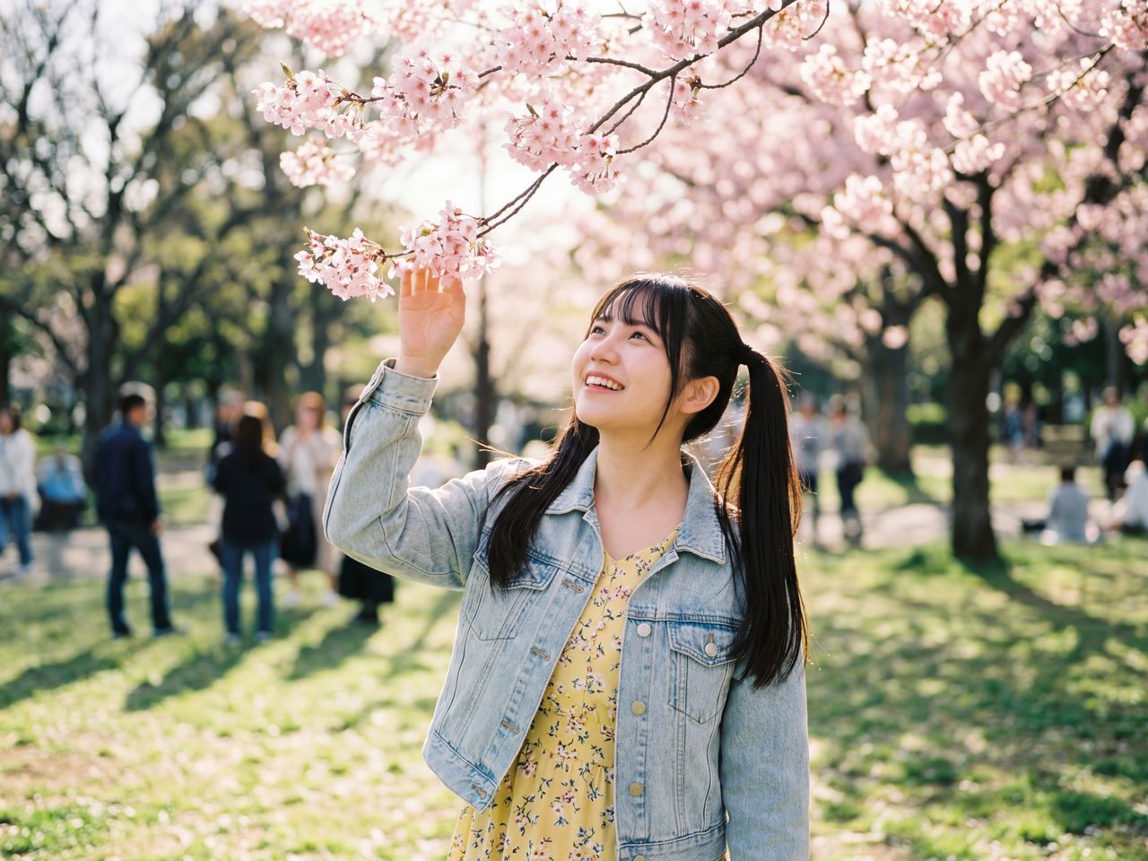 満開の桜の下で、空を見上げて微笑んでいる葉月柚子