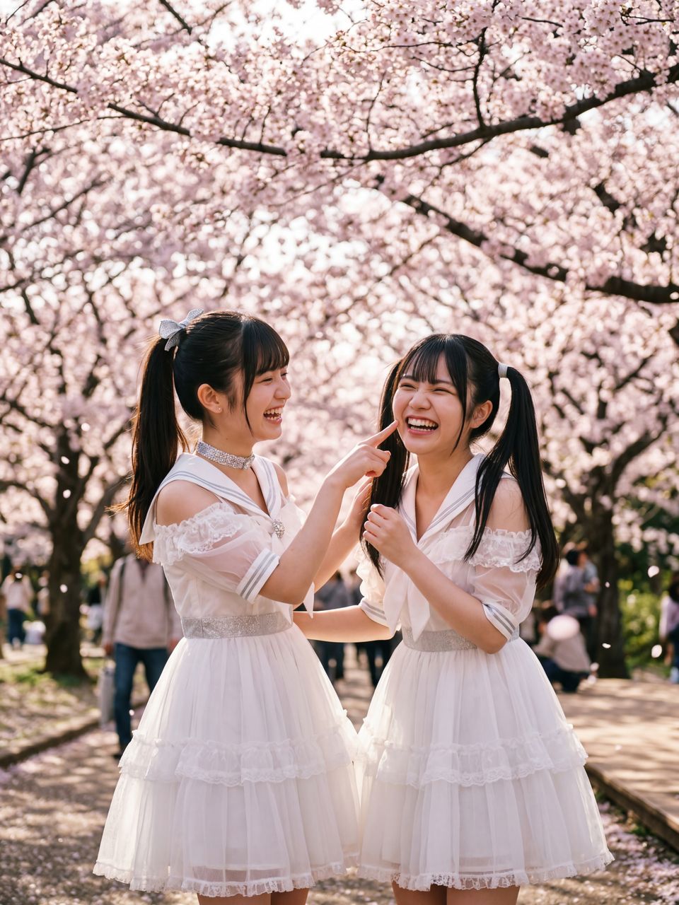 桜の下で瀬戸朝陽にほっぺを引っ張られ、おかしな顔をしながらも爆笑している葉月柚子