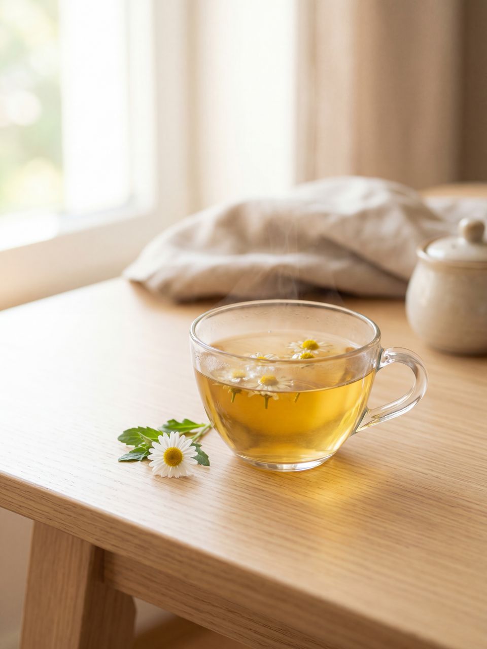カモミールハーブティーと一輪のデイジー