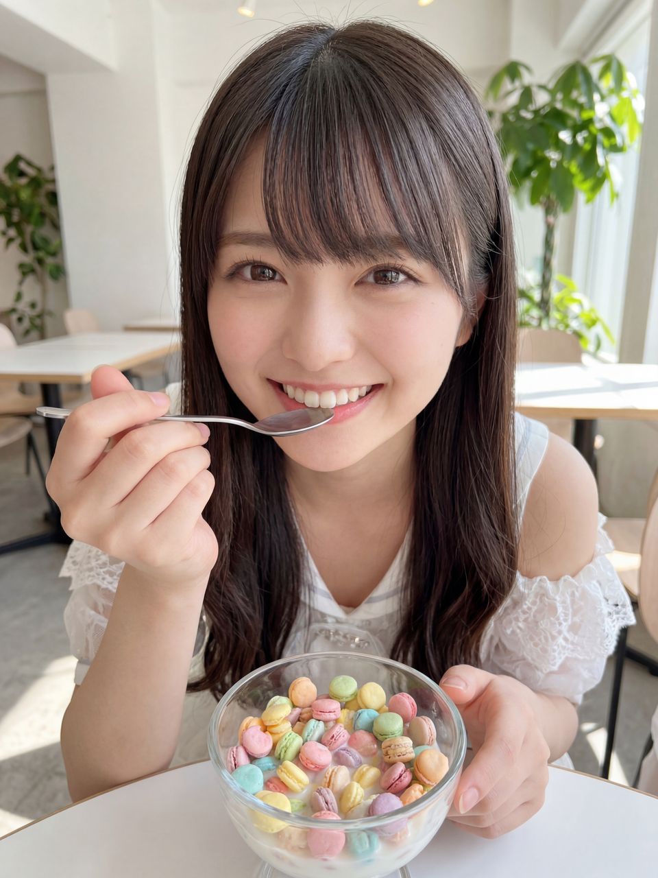 マカロンシリアルを前に微笑む姫宮桃