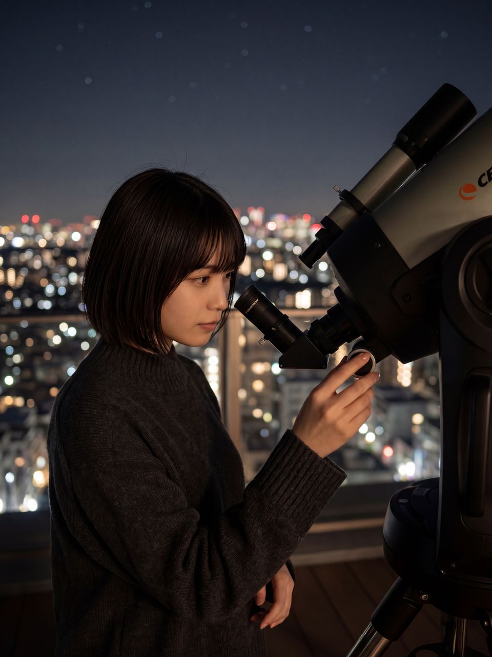 天体望遠鏡を調整する星野美月