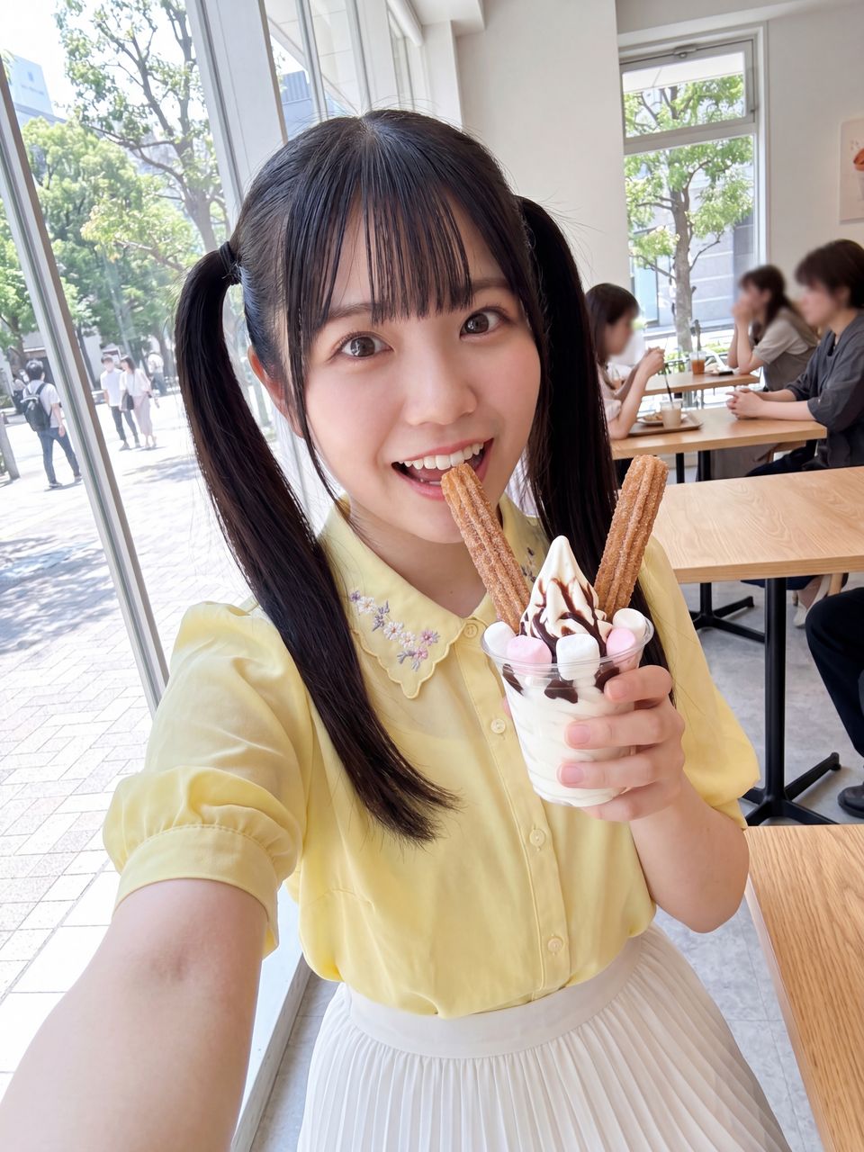 アイスチュロスを食べる柚子の自撮り