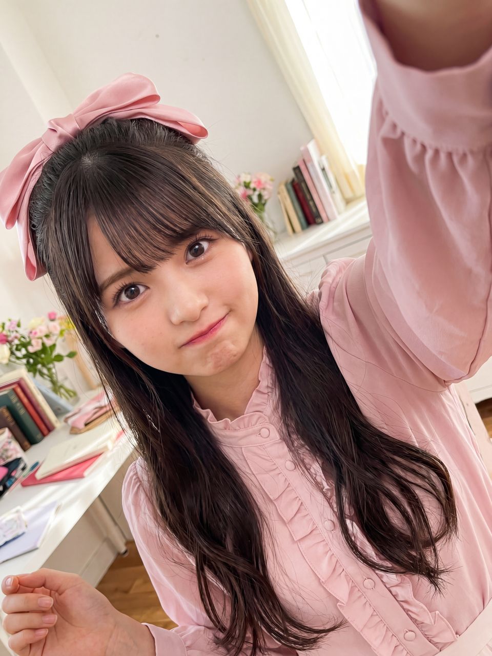 リボンをつけた桃の自撮り