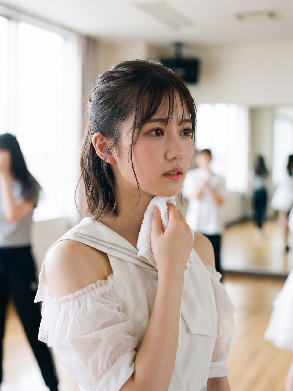 ダンス練習の合間に汗を拭う紬