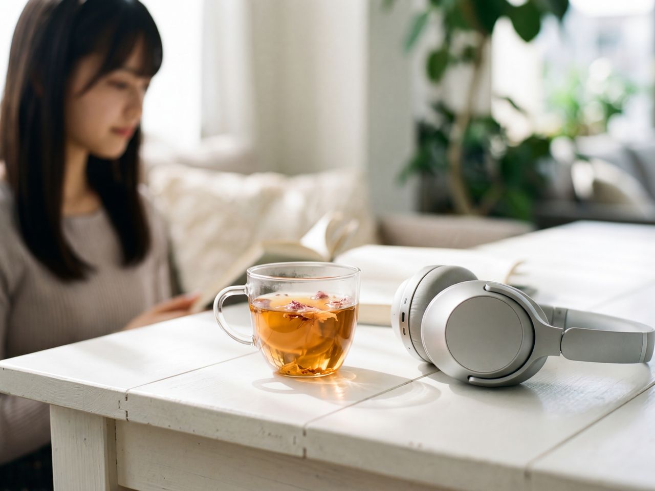 ハーブティーとヘッドホン