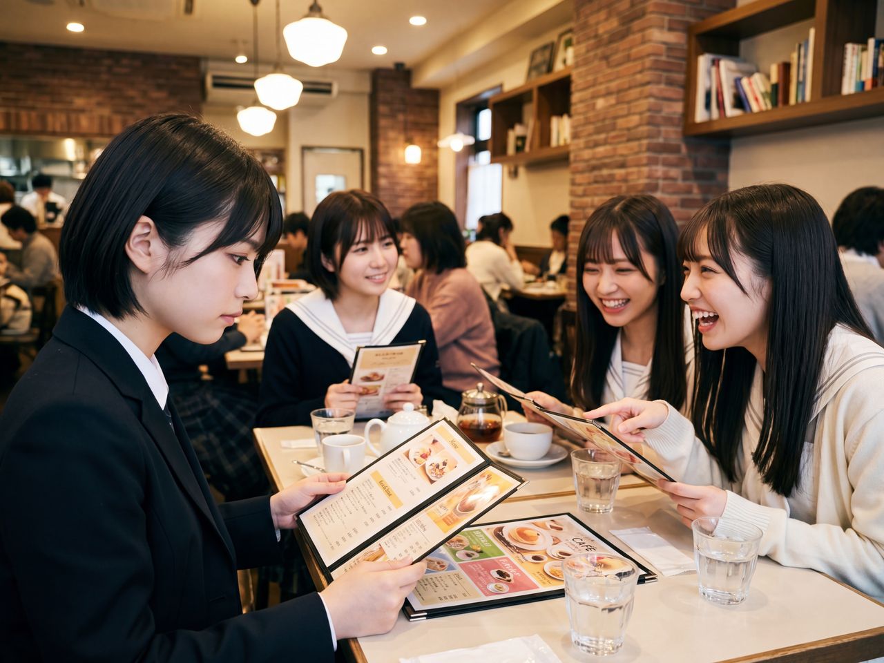 カフェで談笑するメンバーを横から捉えた他撮りショット