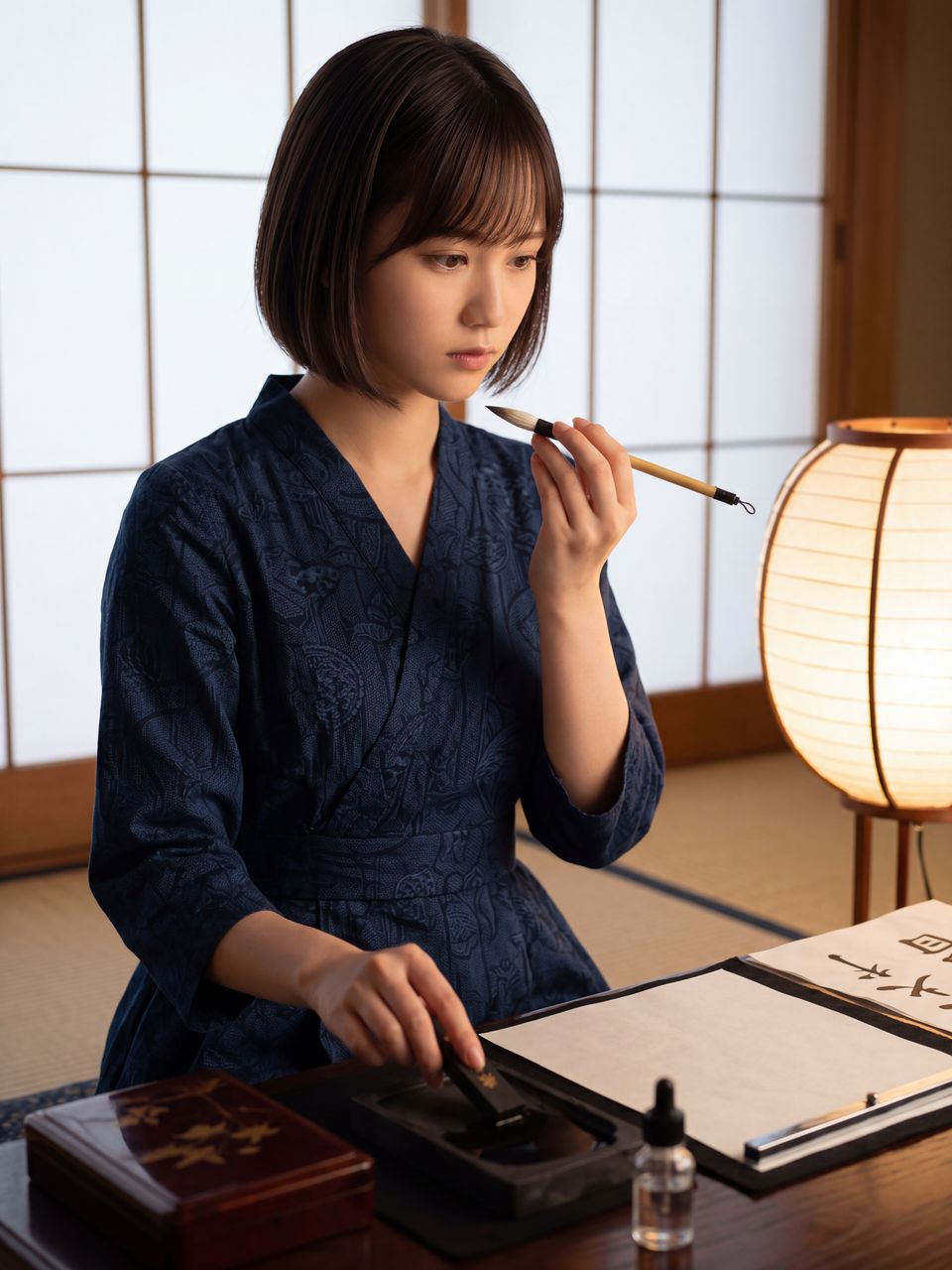 硯で墨を磨る白石紬