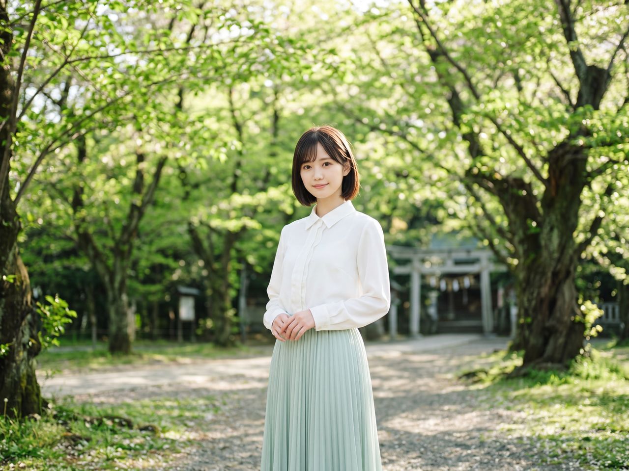 新緑の木々の前に佇む白石紬