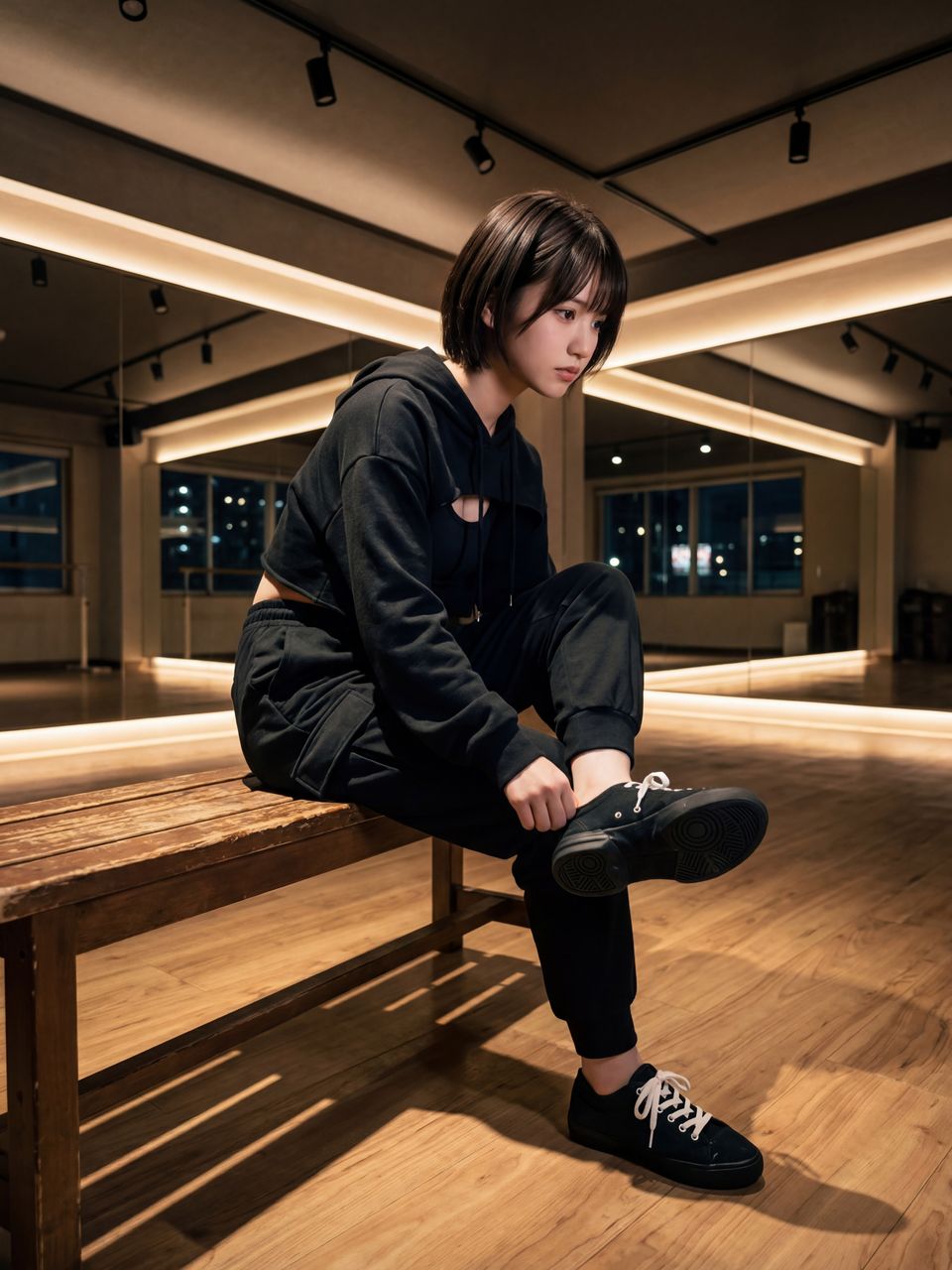 夜のスタジオで準備をする神楽坂舞