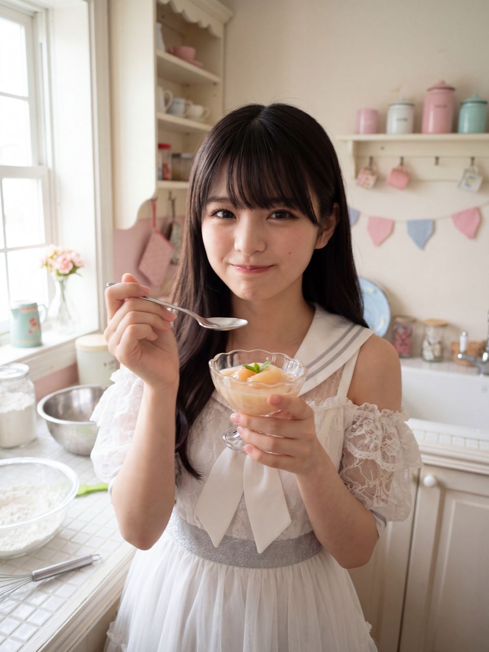 手作りの桃前ムースを差し出す桃