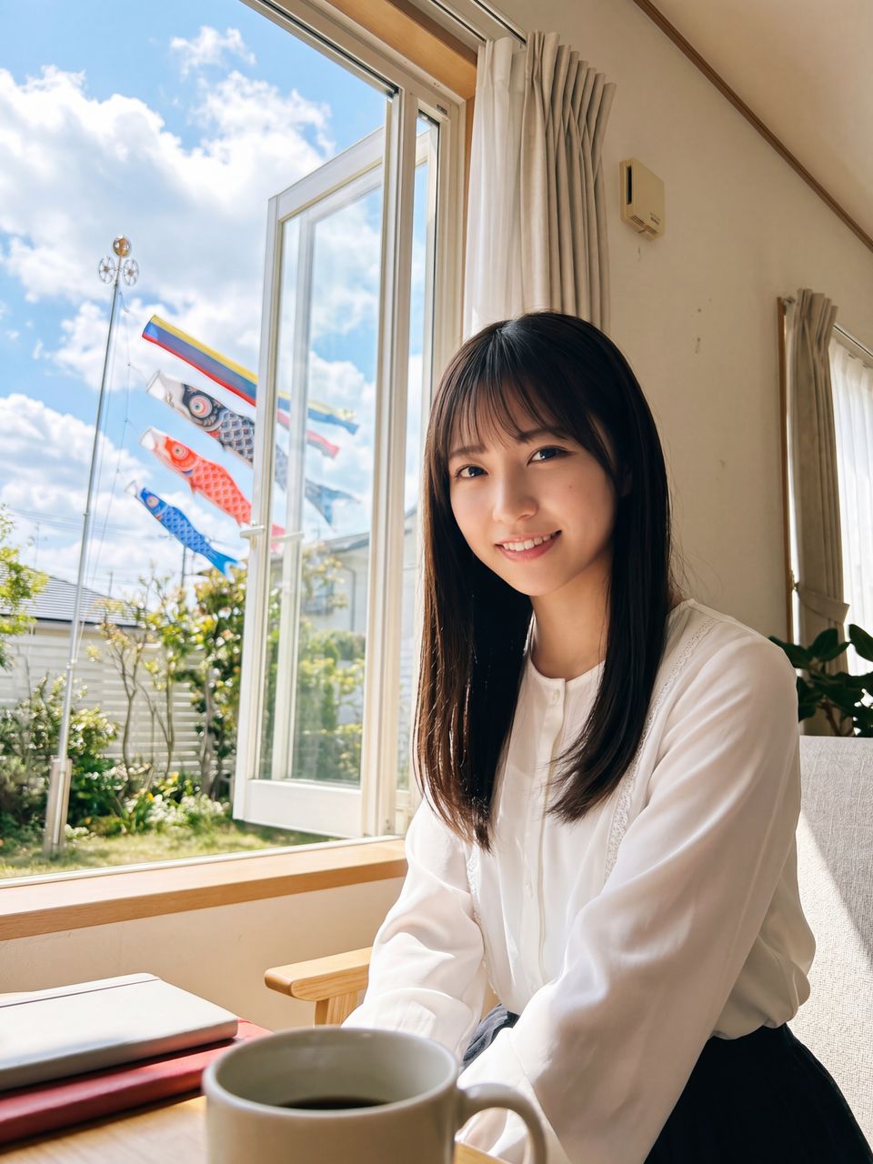窓の外に鯉のぼりが見える部屋で微笑むひかり