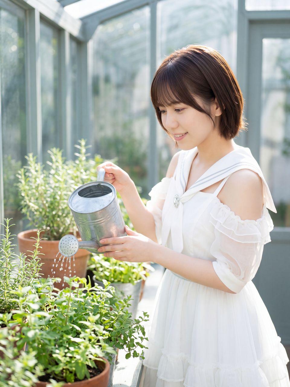 ハーブに水をやるかなで