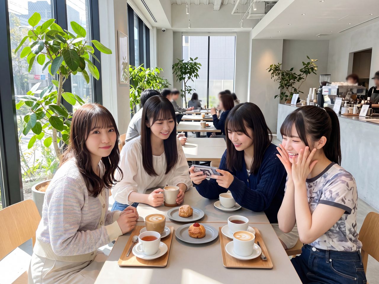 カフェでくつろぐひな、ひかり、瑠璃、朝陽