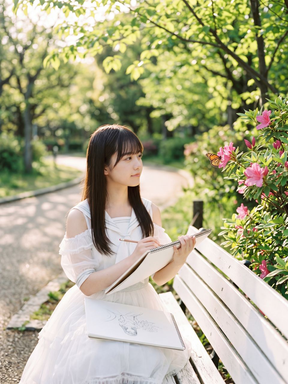 公園のベンチでスケッチするひな