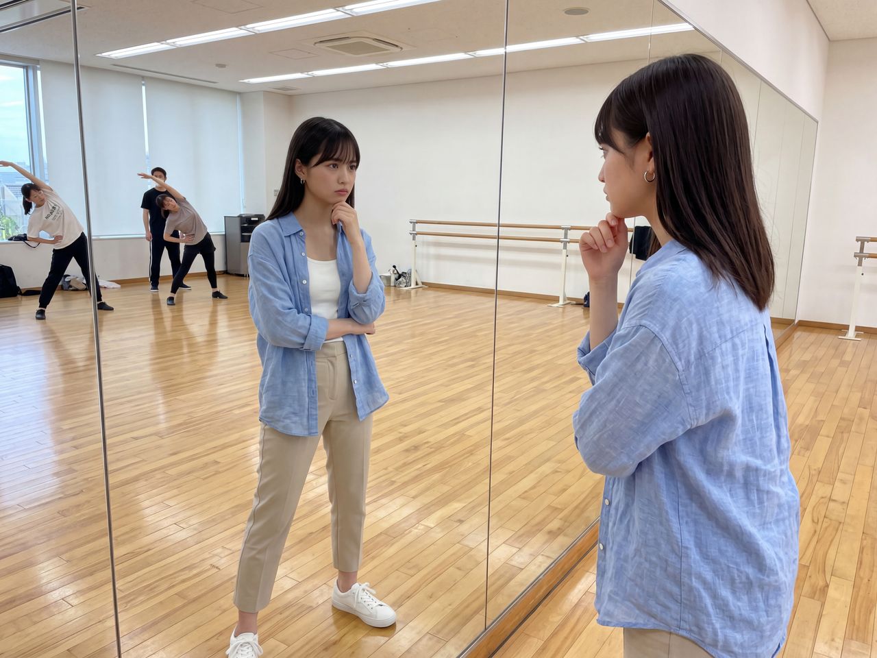 鏡の前でポーズを確認する蒼井瑠璃