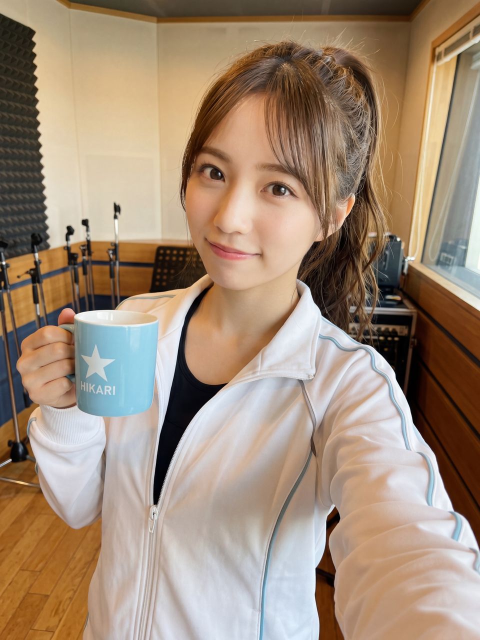 スタジオでマイマグカップを持つ橘ひかりの自撮り