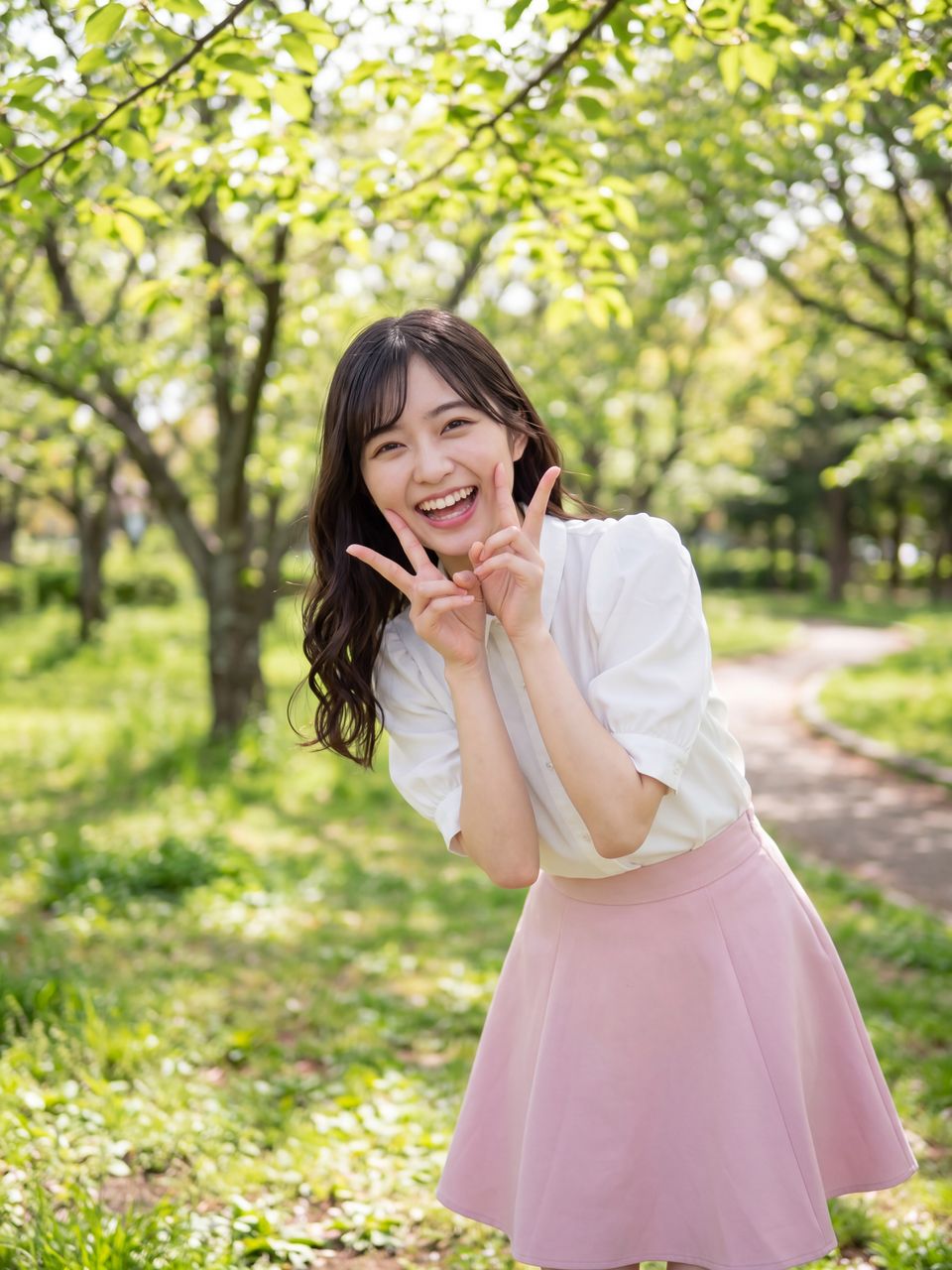 新緑の公園で笑顔でピースする夢咲さくら