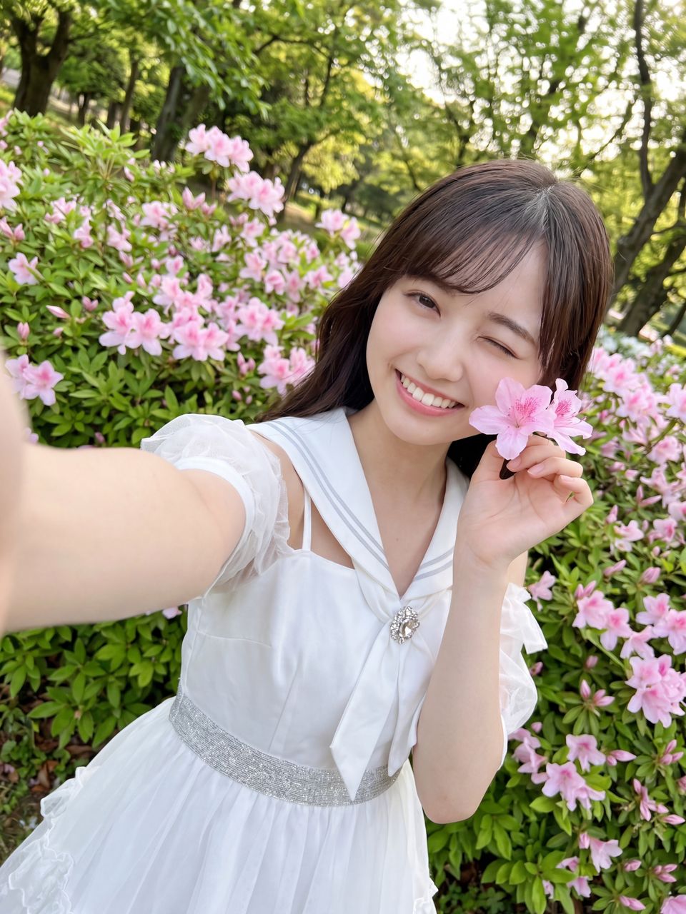 お花を添えてウィンクする夢咲さくらの自撮り