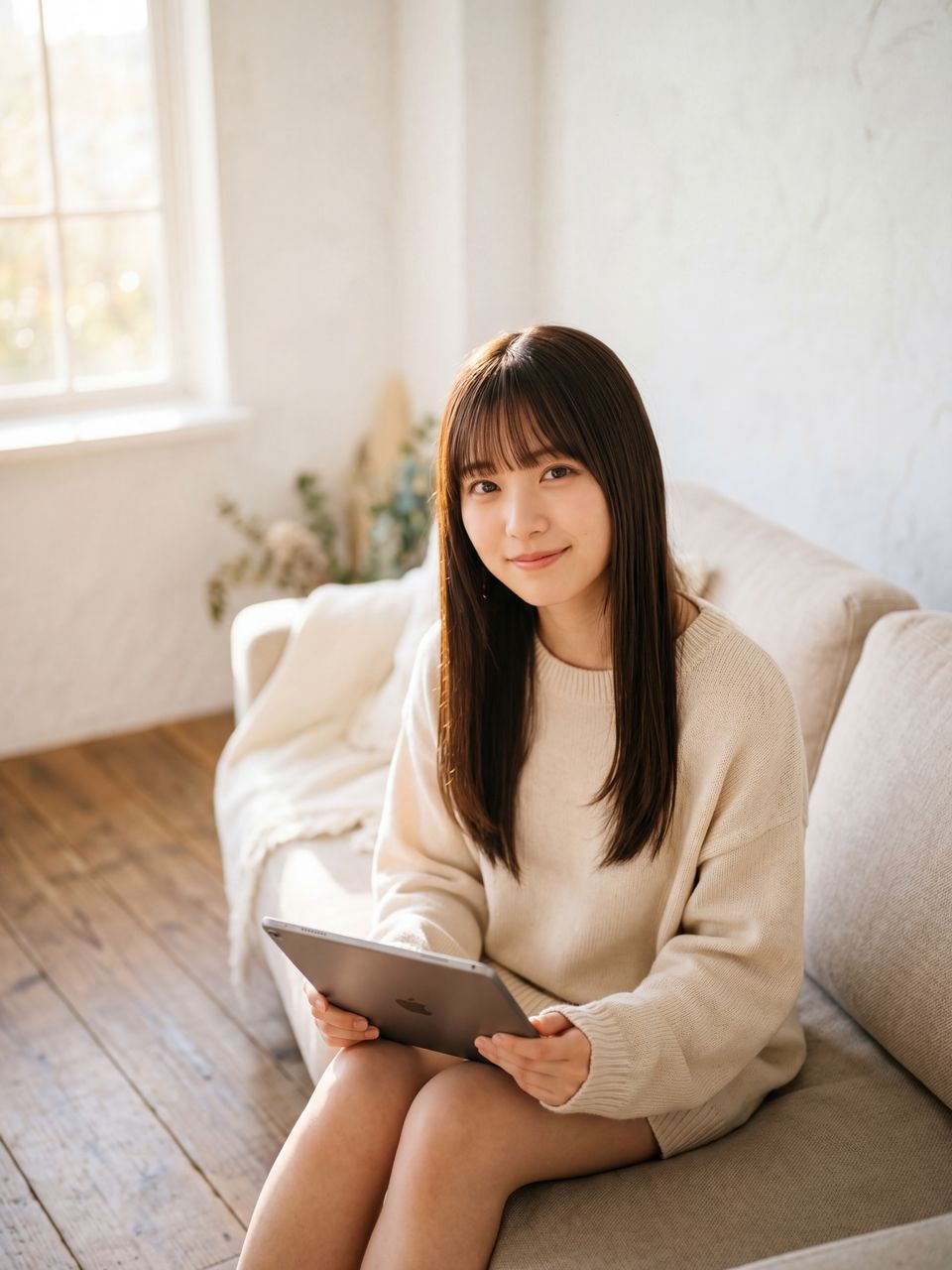 スタジオでタブレットを持ちカメラ目線の蒼井瑠璃