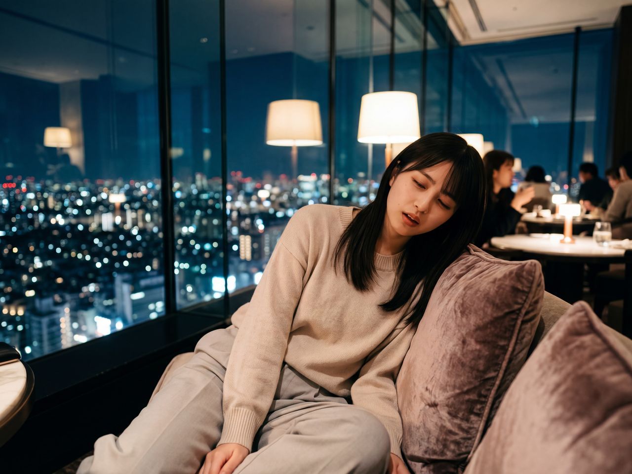 夜景を背景にうとうとする蒼井瑠璃