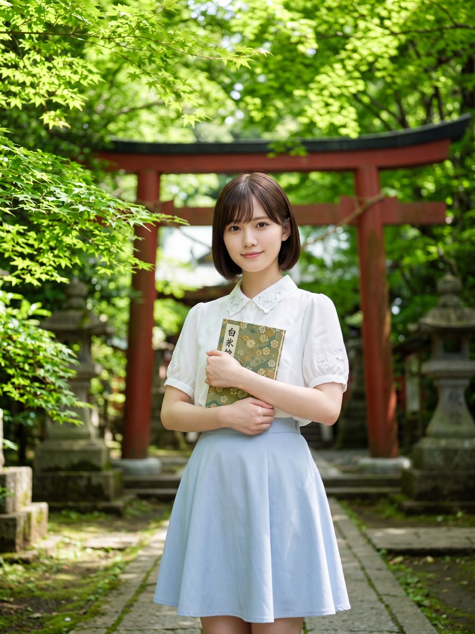 新緑の美しい神社の境内に佇む白石紬