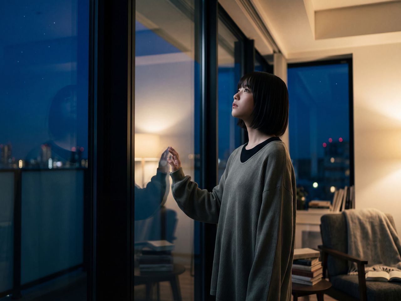 夜の窓辺に立つ美月